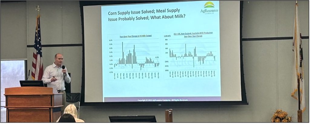 Ben Buckner standing at the front of a hall with a microphone, in front of a screen displaying a slide labelled "Corn Supply Issues solved; Meal Supply Issue Probably Solved; What About Milk?"