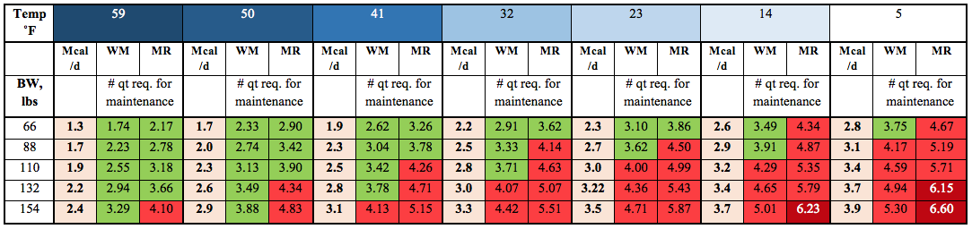 Amount of liquid feed needed to meet maintenance energy requirements at different temperatures